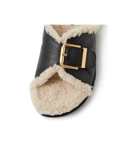 Esme Black Cream Leather-Shearling Slides