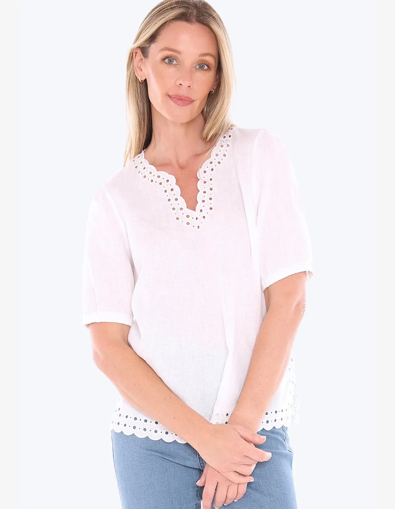 Eyelet Detail Linen Split Neck Top