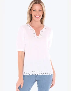 Eyelet Detail Linen Split Neck Top