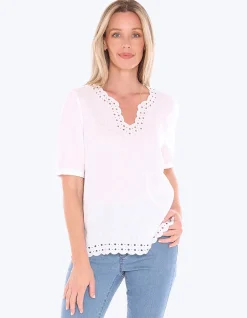 Eyelet Detail Linen Split Neck Top