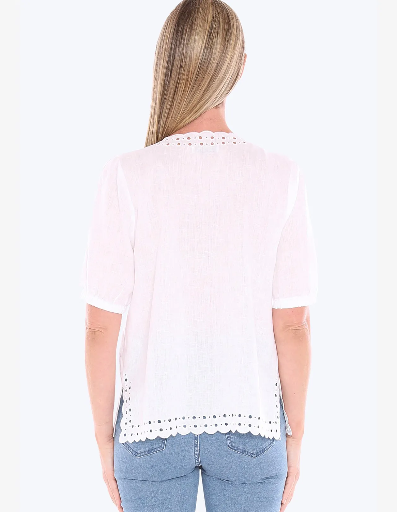 Eyelet Detail Linen Split Neck Top
