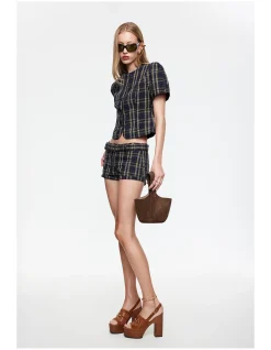 Femme Plaid Puff Sleeve Blouse