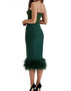 Fionula Strapless Feather Hem Midi Dress