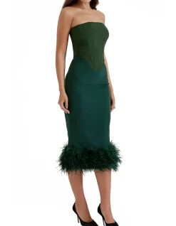 Fionula Strapless Feather Hem Midi Dress