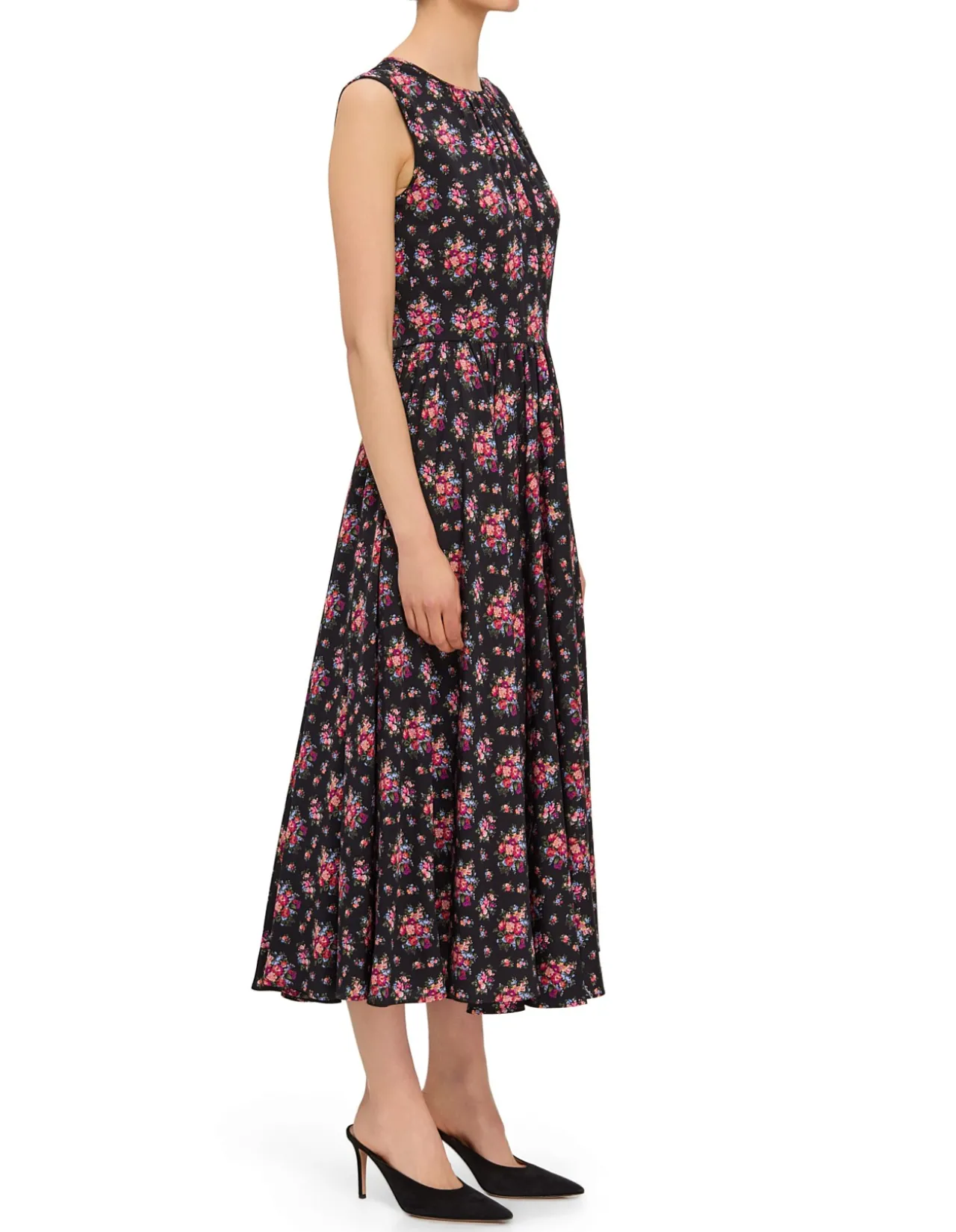 FLORAL PRINT HIGH NECK SL MIDI DRESS
