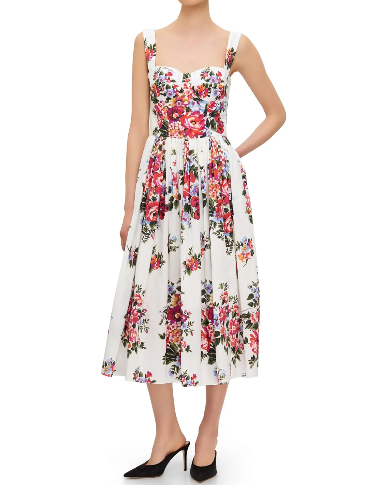 FLORAL PRINT SQUARE NECK SL MIDI DRESS