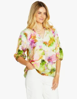 Flowerbomb Linen Blend Floral Short Sleeve Top