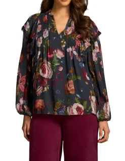 Frill Detail Printed Blouse - Ink Botanic Print
