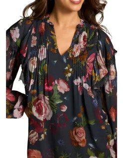 Frill Detail Printed Blouse - Ink Botanic Print
