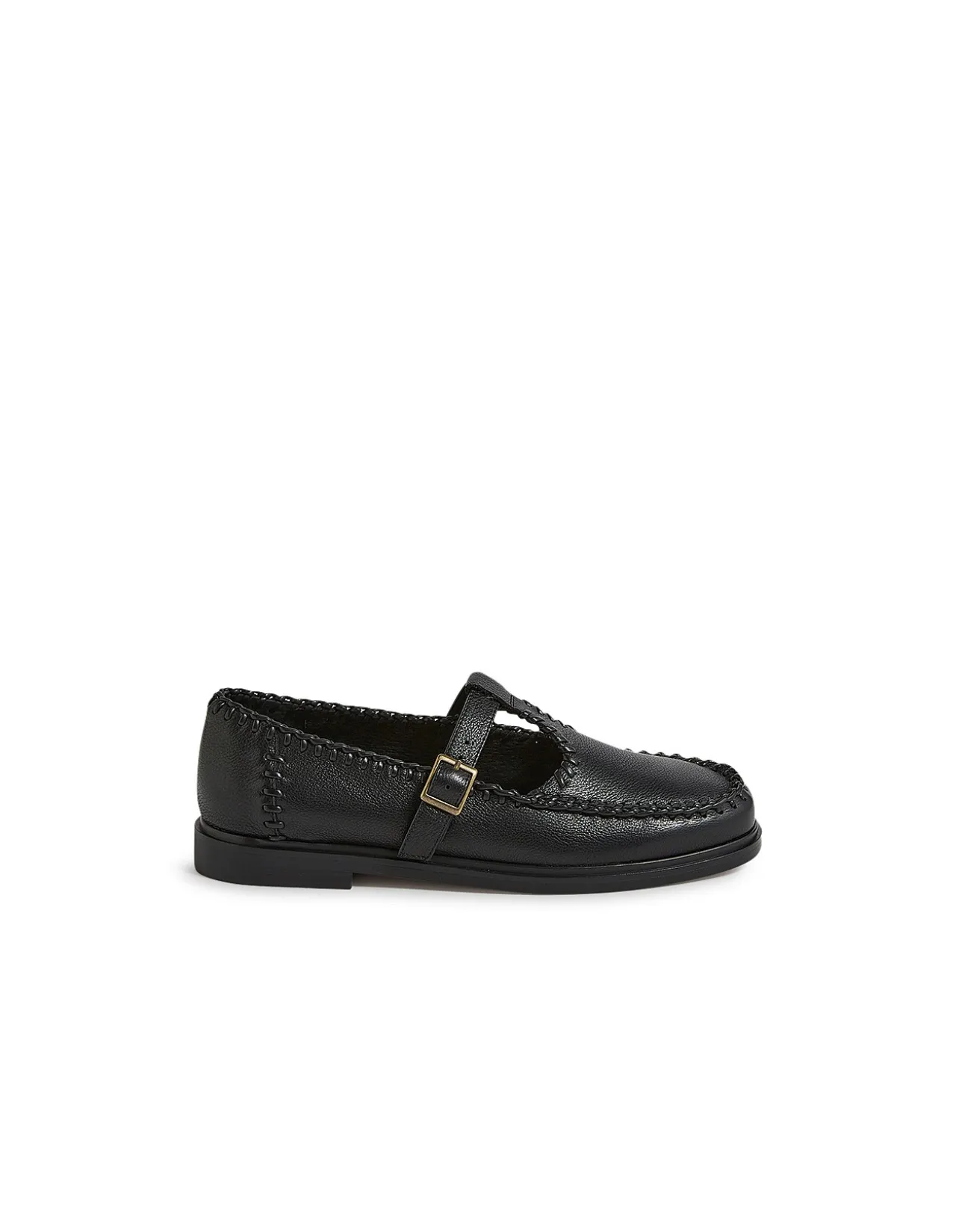 Glossed Stitch Detail T Bar Leather Flats