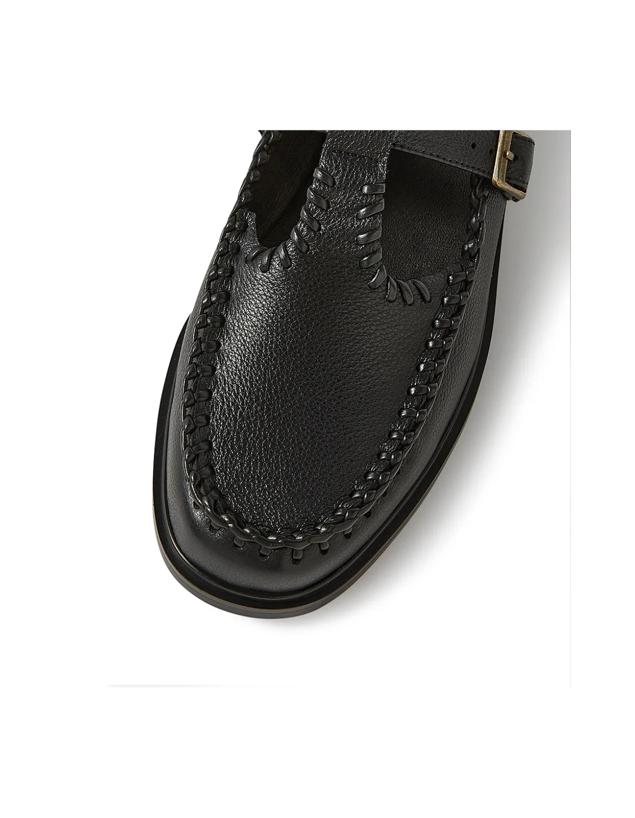 Glossed Stitch Detail T Bar Leather Flats