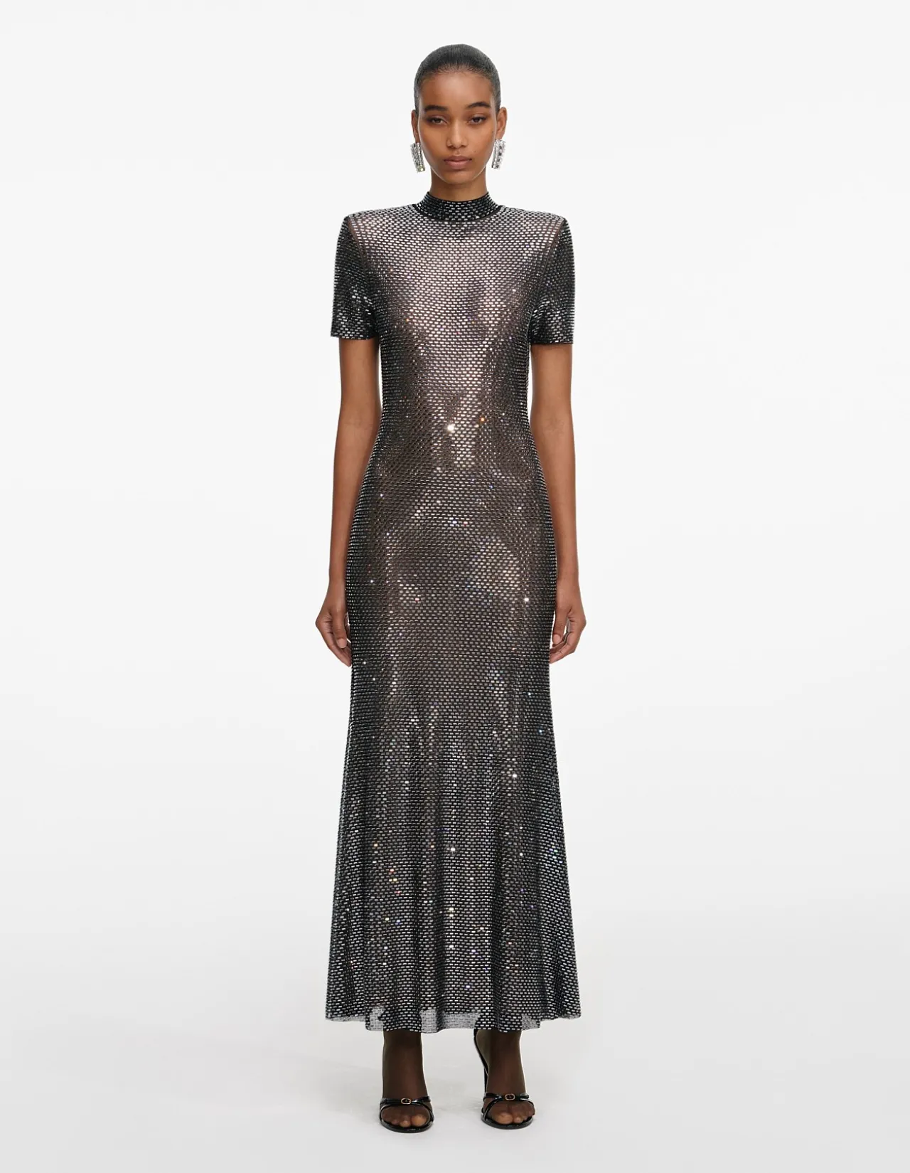 GUNMETAL RHINESTONE MESH MIDI DRESS