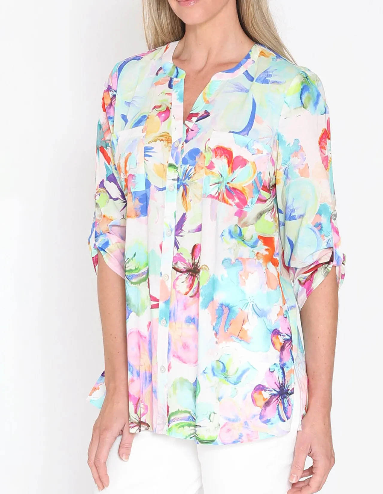 Hibiscus Haze Cotton Tab Sleeve Shirt