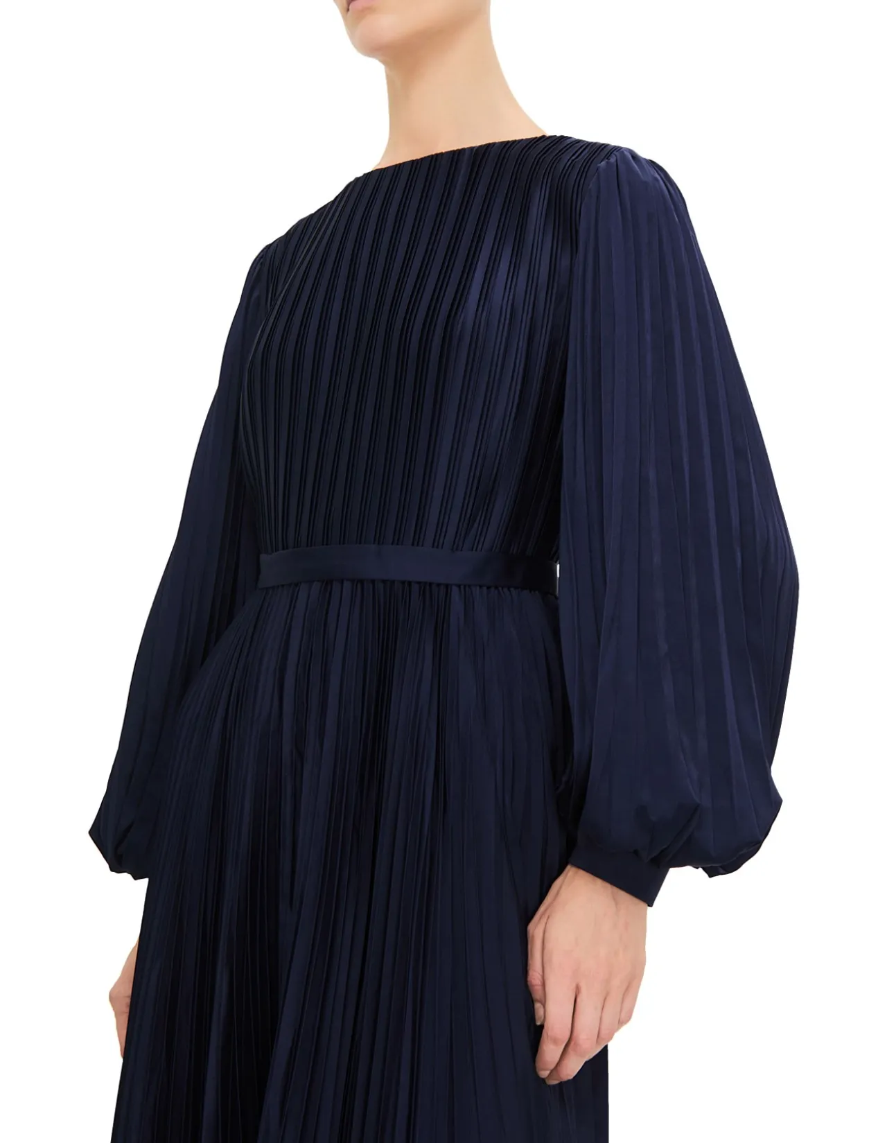 HIGH NECK BISHOP SLEEVE PLEATED MIDI DRESS