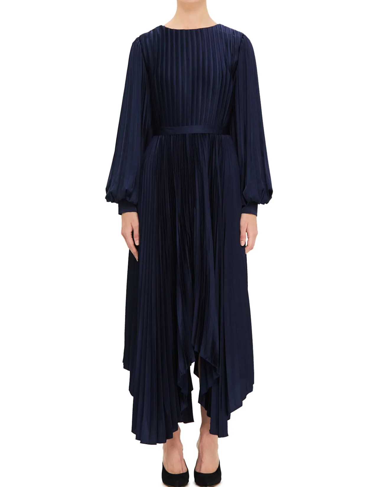 HIGH NECK BISHOP SLEEVE PLEATED MIDI DRESS