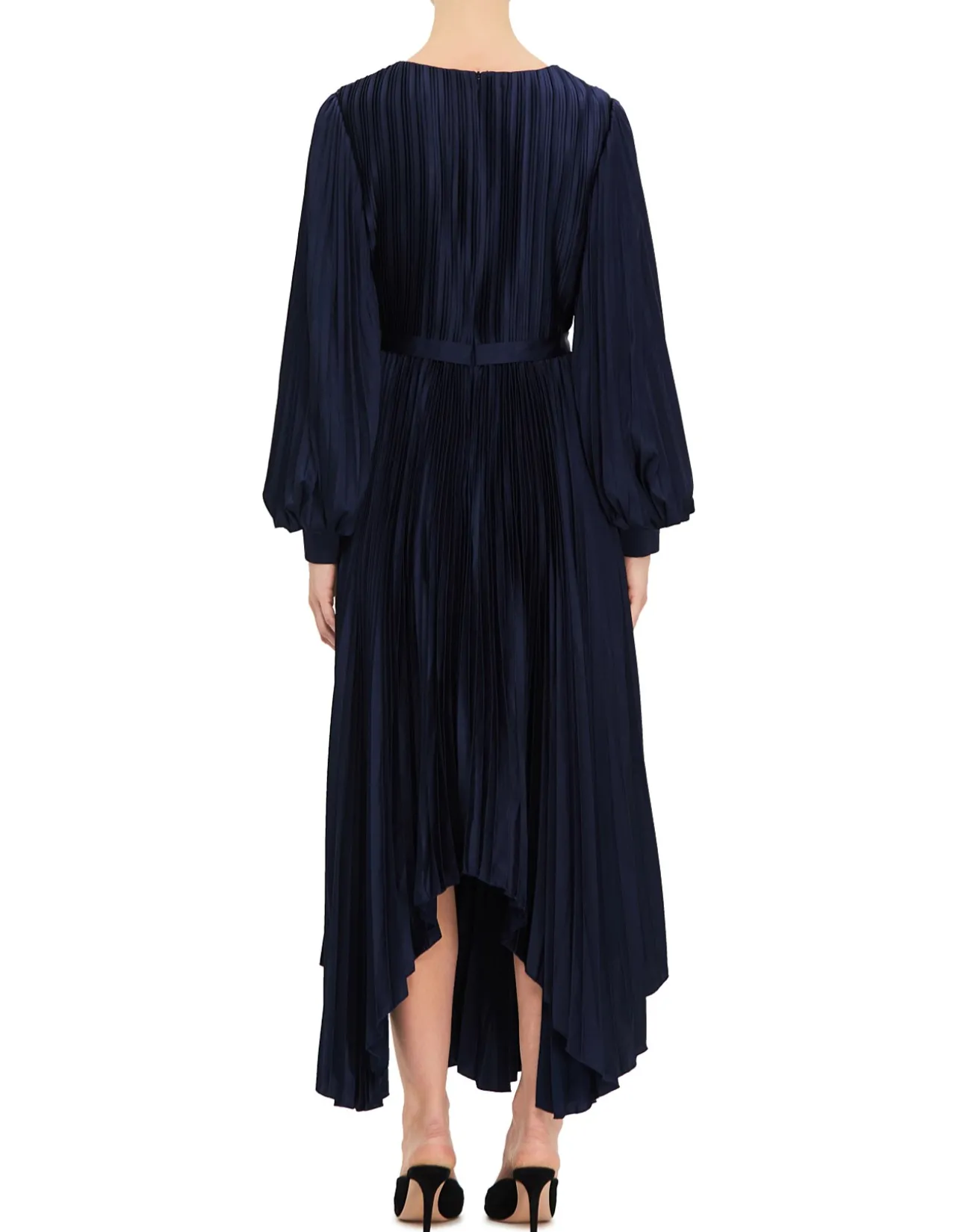 HIGH NECK BISHOP SLEEVE PLEATED MIDI DRESS