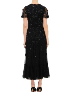 HIGH NECK FLUTTER SLEEVE MIDI DRESS