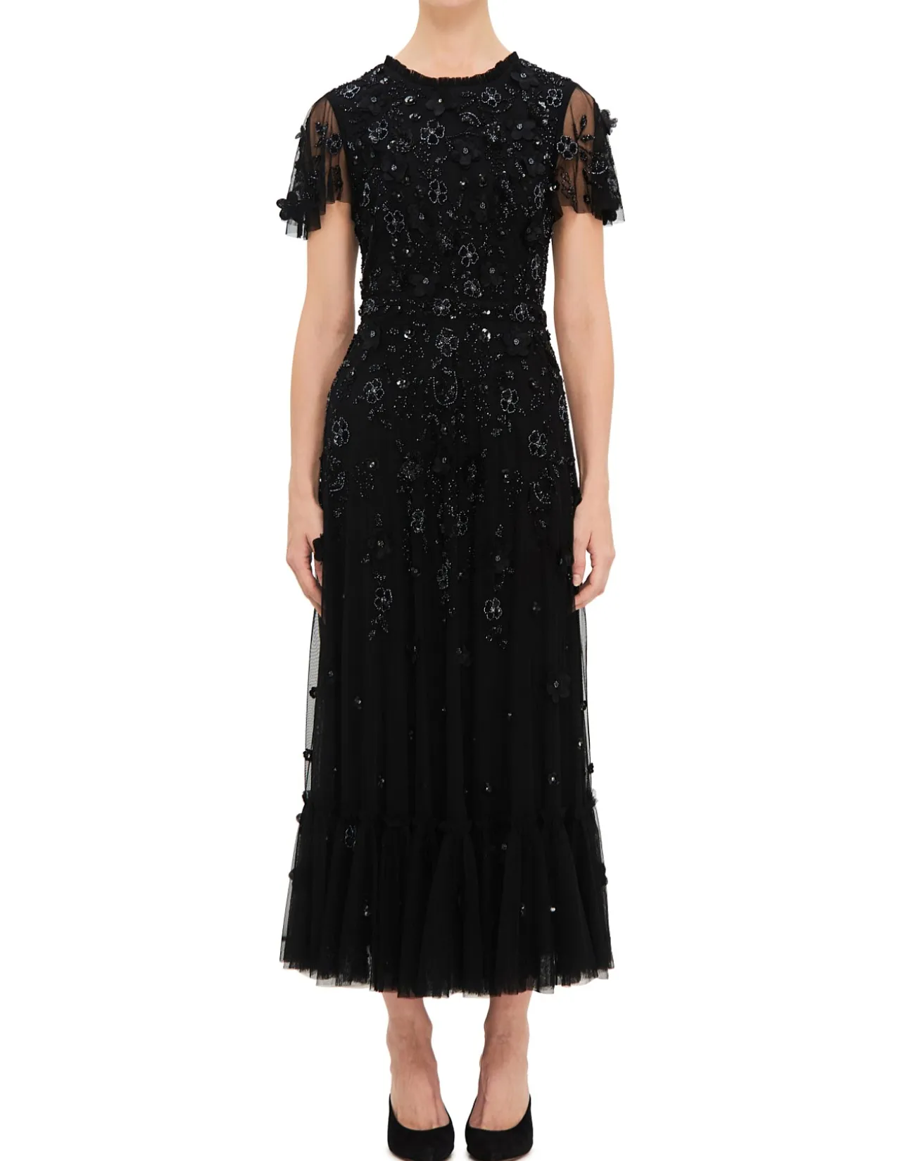 HIGH NECK FLUTTER SLEEVE MIDI DRESS