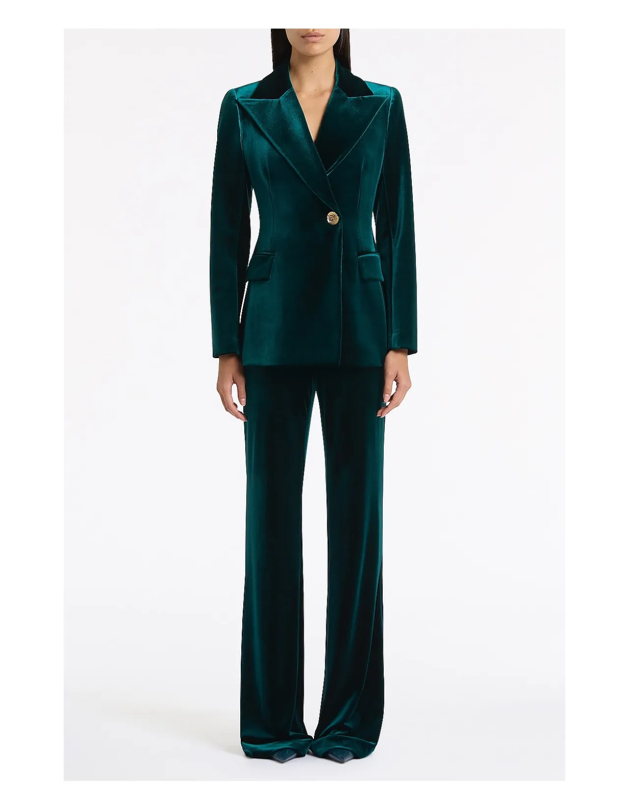 HUNTER GREEN VELVET LONGLINE JACKET
