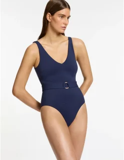 Isla Rib V Neck Belted One Piece Swimsuit