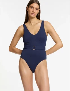 Isla Rib V Neck Belted One Piece Swimsuit