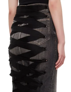 Lace-Up Denim Midi Skirt