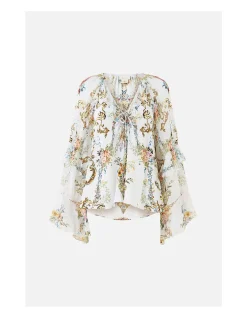 LACE UP V NECK BLOUSE WITH CASCADE RUFFLES