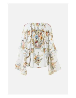LACE UP V NECK BLOUSE WITH CASCADE RUFFLES