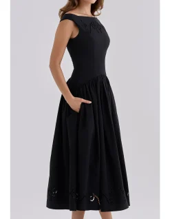 LAUREN COTTON BOAT NECK MAXI DRESS
