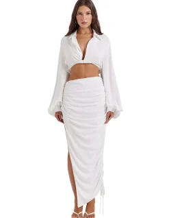 Loie Gathered Maxi Skirt with Side Split White