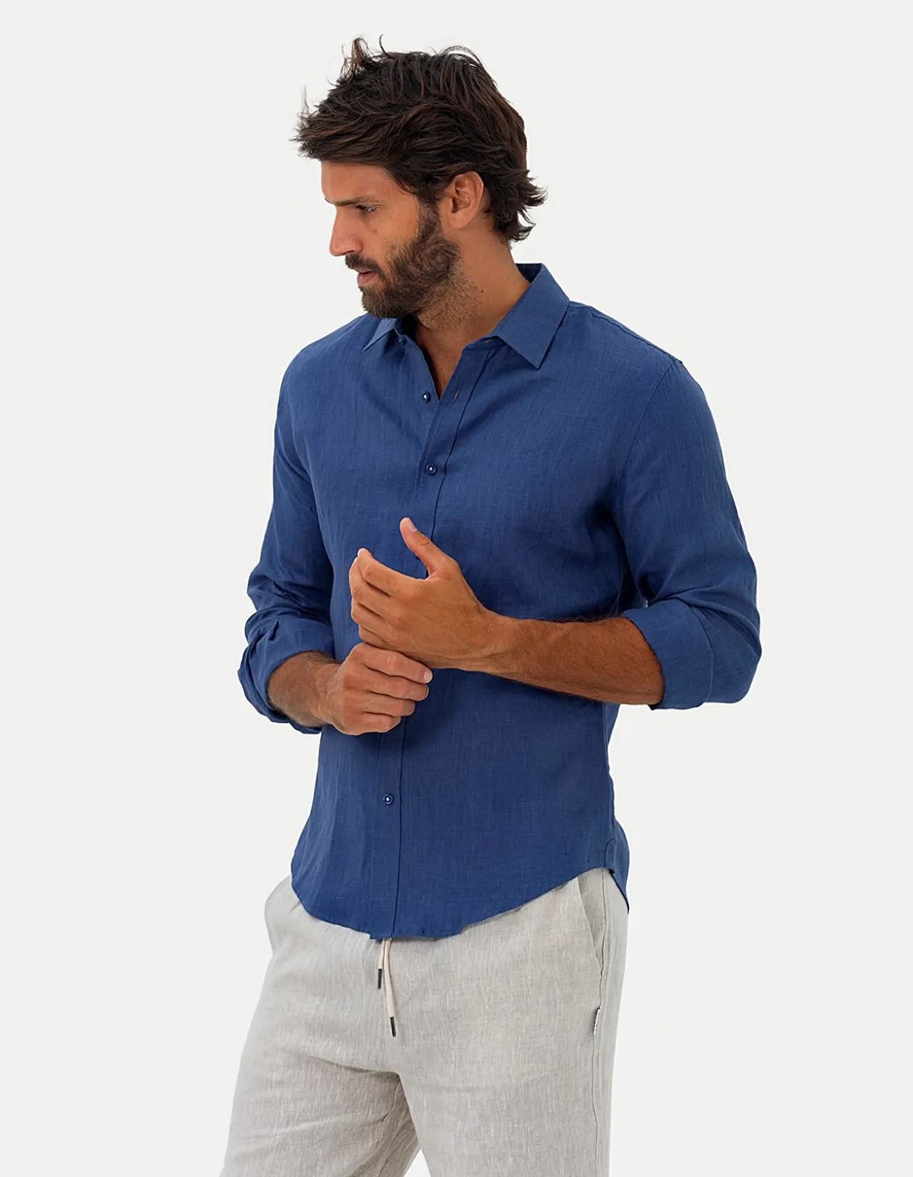 Long Sleeve Mens Linen Shirt Indigo Blue