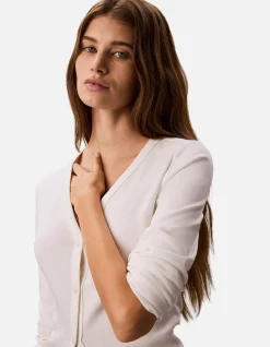 Long Sleeve Woven Label Baby Rib Button Front Top