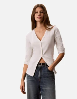 Long Sleeve Woven Label Baby Rib Button Front Top