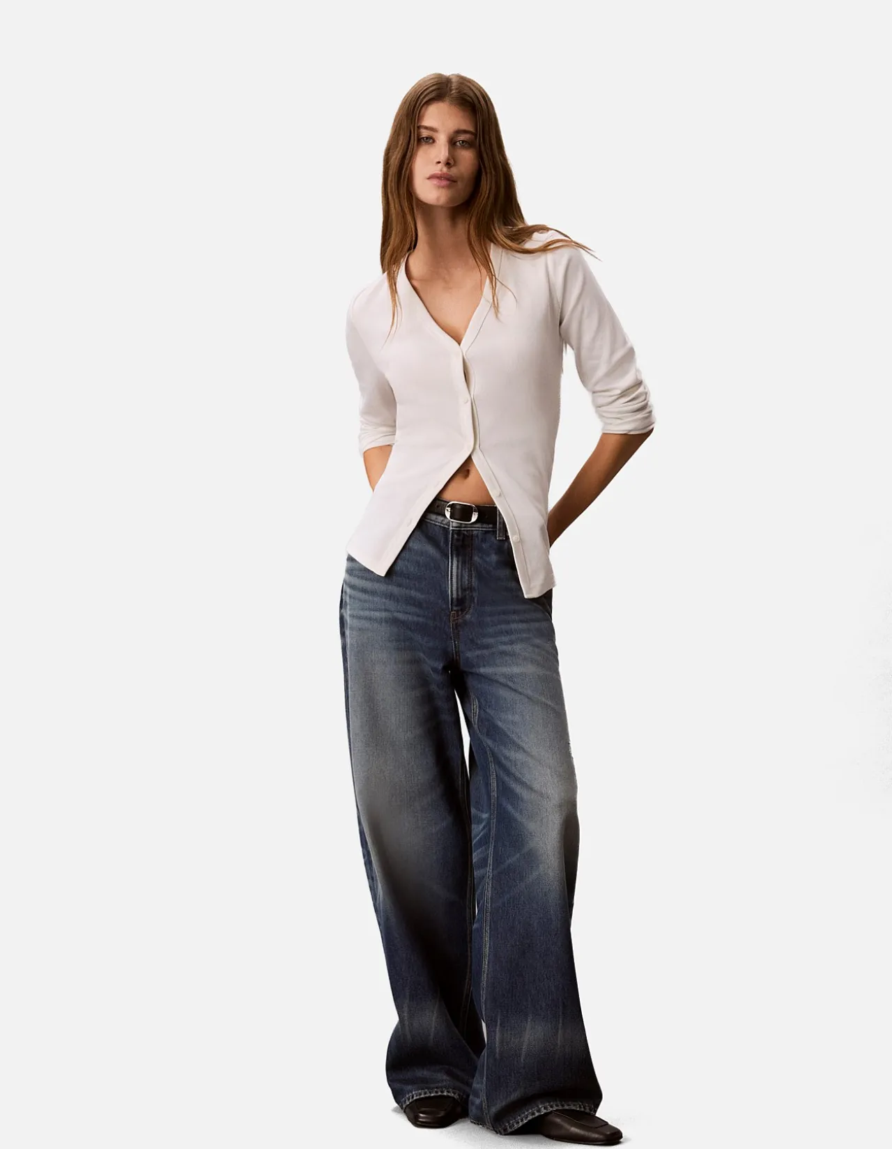 Long Sleeve Woven Label Baby Rib Button Front Top
