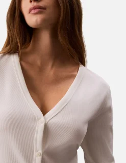 Long Sleeve Woven Label Baby Rib Button Front Top