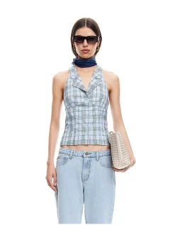 Lure Backless Halter Top Baby Blue Plaid