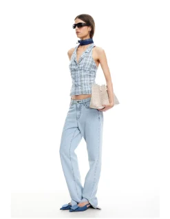 Lure Backless Halter Top Baby Blue Plaid