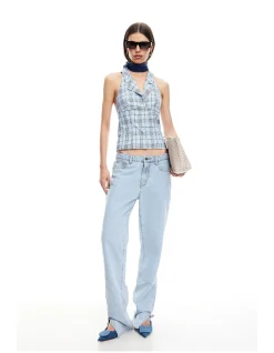 Lure Backless Halter Top Baby Blue Plaid