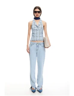 Lure Backless Halter Top Baby Blue Plaid