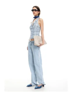Lure Backless Halter Top Baby Blue Plaid