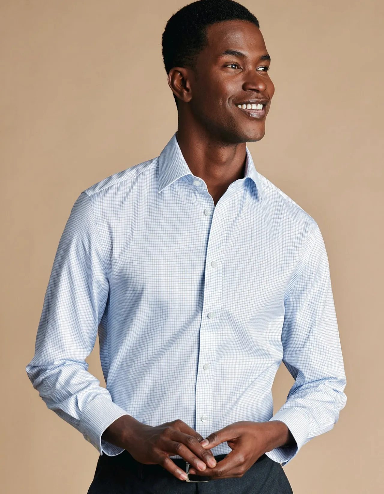 Mini grid check non-iron twill slim fit shirt