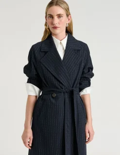 NAVY PINSTRIPE BELTED TRENCH
