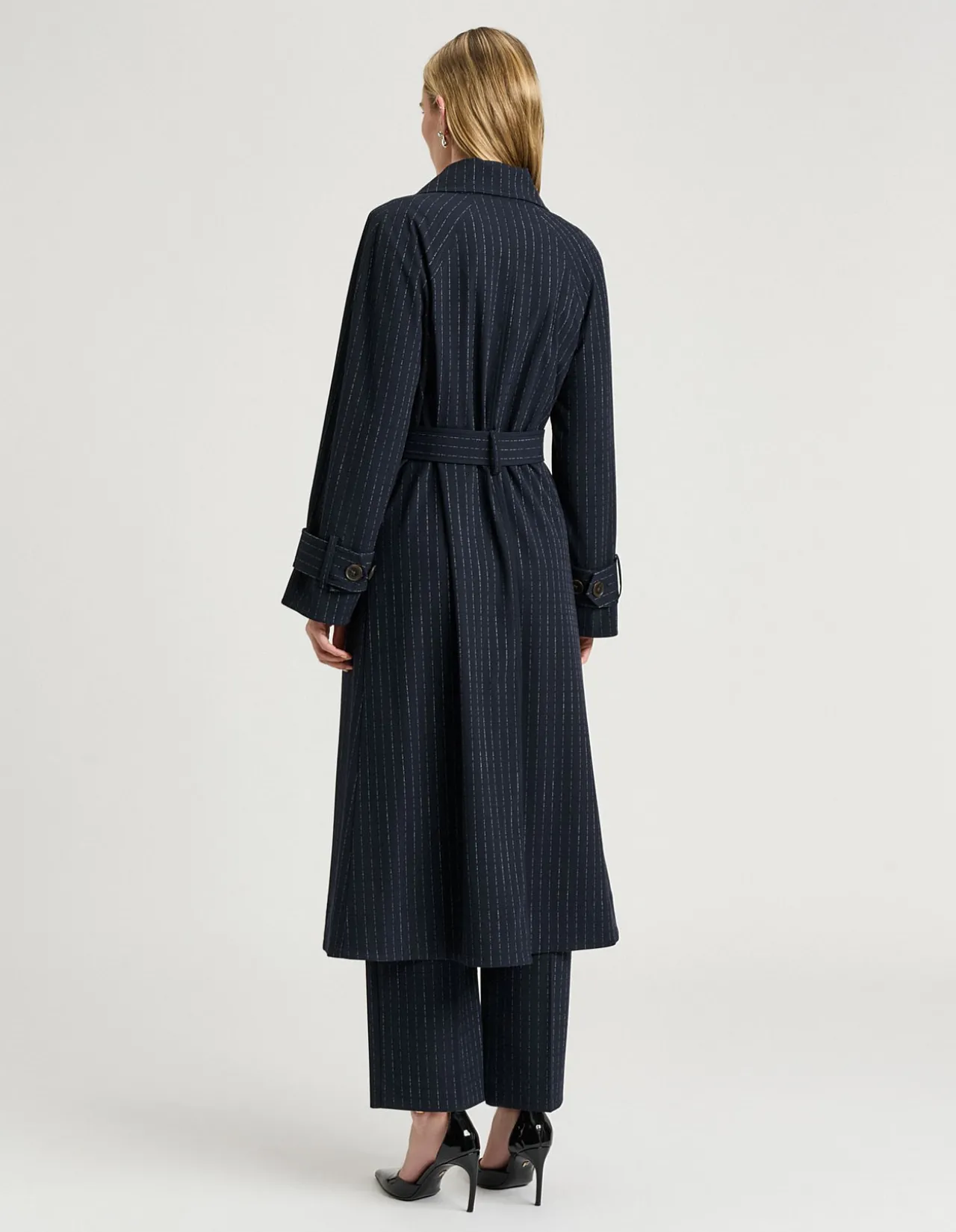 NAVY PINSTRIPE BELTED TRENCH