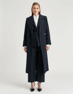 NAVY PINSTRIPE BELTED TRENCH