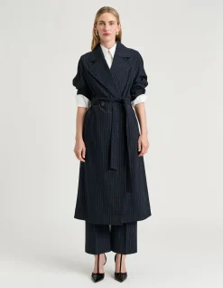NAVY PINSTRIPE BELTED TRENCH
