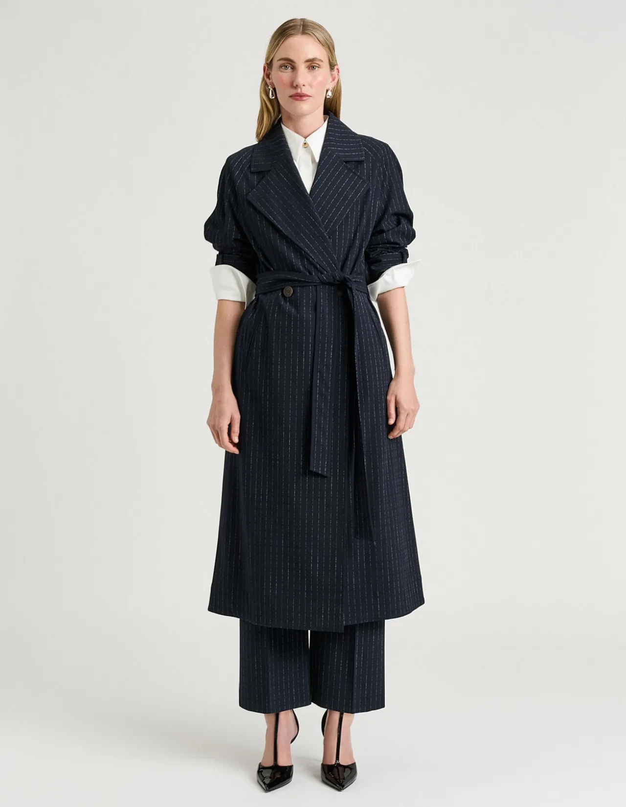 NAVY PINSTRIPE BELTED TRENCH