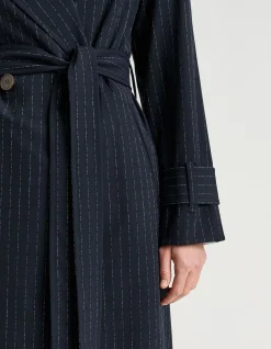 NAVY PINSTRIPE BELTED TRENCH
