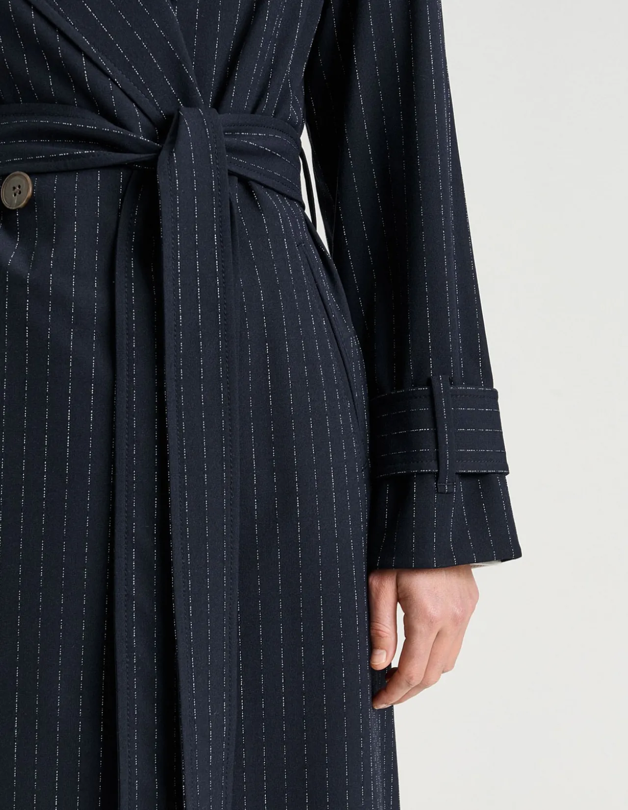 NAVY PINSTRIPE BELTED TRENCH