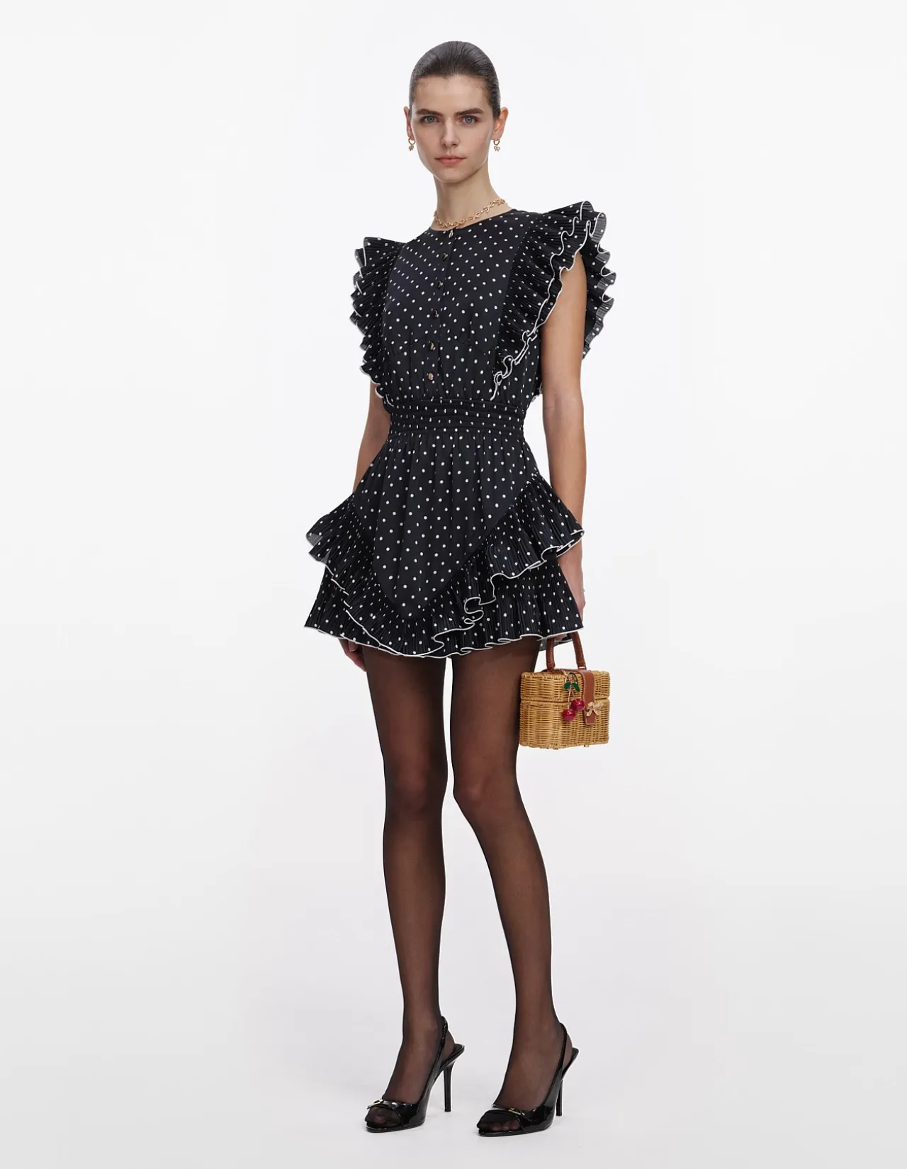 NAVY POLKA DOT SATIN MIDI DRESS