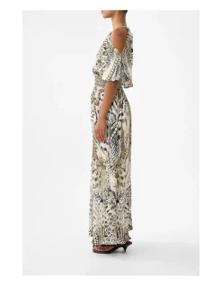 NECK CHARM SHIRRED WAIST LONG DRESS